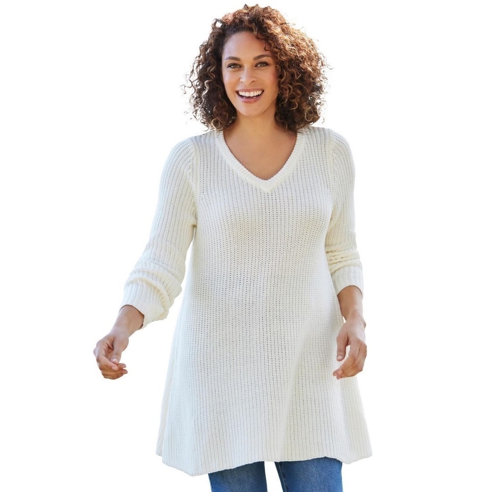 Woman Within Plus Size V-Neck Shaker Trapeze Knitted Sweater Ivory Sz 1X (22-24)